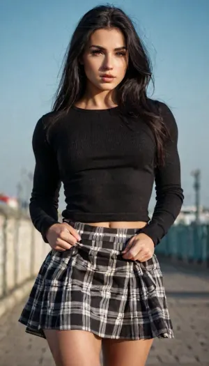 The Russian girl with a strong athletic build, muscular belly, short plaid skirt, and big lush eyelashes was a top model with a strong figure that attracted the attention of everyone around her. She had long black hair that cascaded down her back