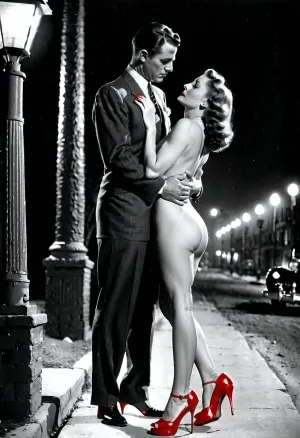 The woman in the black and white photo was a prostitute, her body painted with red high heels and dark streetlamp. She was holding a man in suit, who had his arms around her neck. The picture was taken in the style