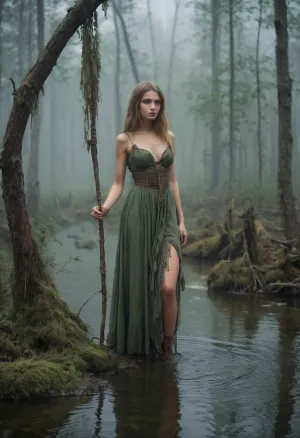 The young Russian witch in a tattered dress wandered through the foggy fantasy swamp, leaning on her thin cane. Her slender body was slim and lean, with perfect knees and a slim waist. She had a thin face with large eyes that seemed
