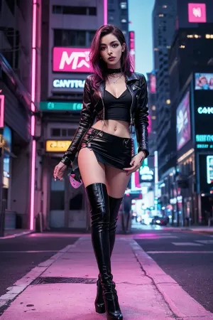 나이트 클럽의 젊은 여성들은 세련된, ultramodern, magenta-highlighted cyberpunk 복장에 옷을 입었습니다. 그녀는 긴 검은 색 머리와 그녀의 날카로운 치아를 밝혀 퍼지는 입술을했다. 그녀의 눈은 피어싱 그늘이었다