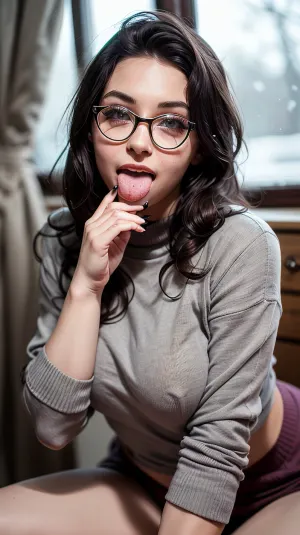 Une femme russe de 165cm de haut avec un joli sourire et des taches de rousseur, portant un pull violet et des lunettes, prend des photos d'elle-même avec son téléphone tout en faisant la pipe dans la forêt. Elle a 20 ans, a des seins de taille moyenne,
