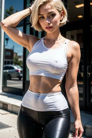 一个金发和精灵的女孩坐在桌子上, 在笔记本电脑上打字。 她穿着白色的作物顶部和腿部,看起来她已经准备好工作一天了. 突然,她的手机响起