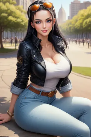 La pittura ad acquerello ultradettaglio e magistrale di Nico Robin seduta con il suo culo rotondo rivolto in avanti, acuto focus sui suoi jeans stretti, e il sorriso seducente sullo sfondo è stato creato da un artista professionista. I colori vivaci e taglienti