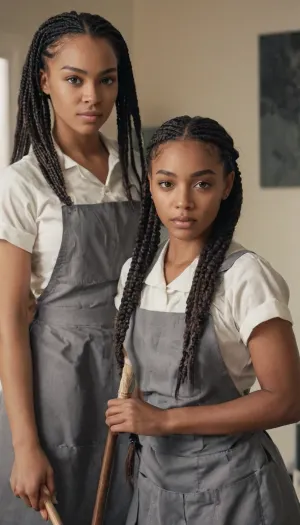 Two girls, one in a maid outfit and the other in box braids, were cleaning the house together when they accidentally knocked over a vase. They laughed and joked around as they worked to clean up the mess