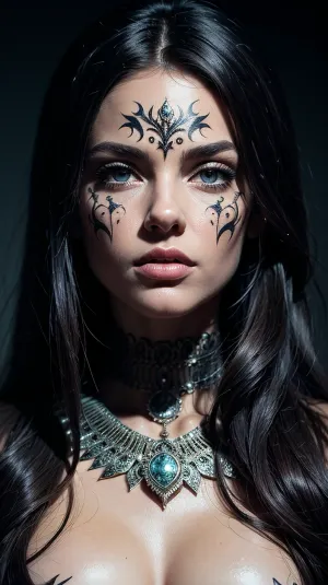 Una imagen hipnótica y detallada generada por AI de una hermosa mujer con cuerpo completo, medios mixtos de alta calidad y gráficos vectoriales. La imagen es hiperrealista con tonos oscuros y renderizado detallado. Tiene píxeles de 64k y es