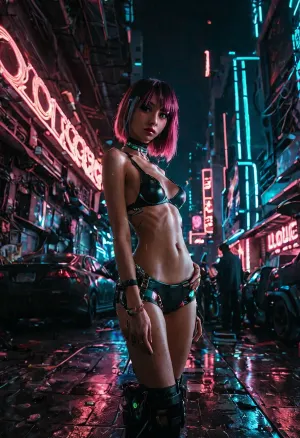 A jovem prostituta com pequenas mamas perky na cidade futurista becos escuros estava pronto para o sexo. Não tinha roupa interior, nem sutiã, nem cuecas. Seu corpo era suave e firme, seus mamilos duro e ereto