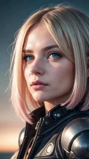 An ultra-realistic AI-generated photo of the Cyberpunk girl Android with high-quality, vivid lightings and intricate details of her face and body, captured at the beach at night with raindrops on her skin