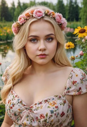Ein schickes Midget mit großen Augen und ein hübsches Gesicht trug ein Sommerkleid und Blumen in ihren Haaren, Fotos des schönen Sees im Garten mit ihrem Telefon