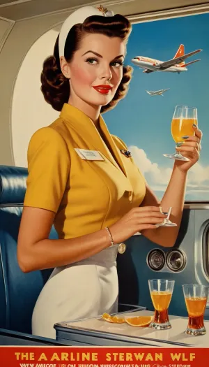 AI技術が進歩する世界では、航空会社の新しいフライトスケジュールを広告するポスターが私の目を引きました。 写真は、Googleスタイルの服を着ている間、乗客にスチュワーデス制服サービングドリンクで魅力的な女性を示しています。 テキスト