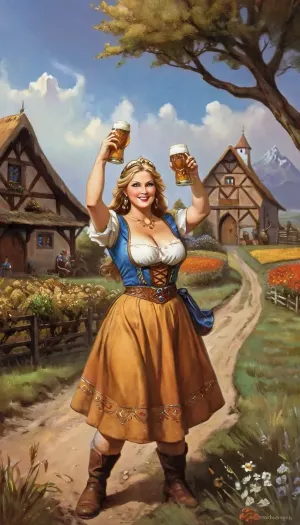 The woman in the rustic style costume is holding a ceramic mug of beer, and she's smiling while looking at the camera. She has a beautiful face with high cheekbones and wide hips. Her hair is golden-beige in color, and