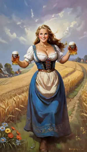 The woman in the rustic style dress is holding a ceramic mug with beer in her hands, and she has a beautiful mature face with high cheekbones and wide hips. Her hair is golden-beige in color, and she has big heavy tit