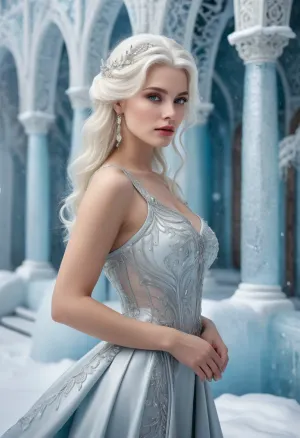 A stunning photorealistic image of a snow queen in her mid 40's, regal elegant face, porcelain complexion, white hair, silver eyes, long bangs, long intricately style hair. She is posed seductively through