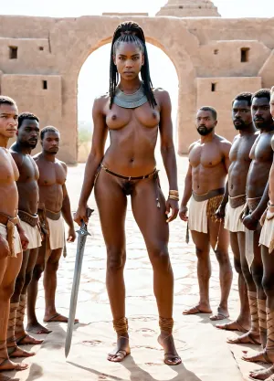 The ancient warrior goddess stood tall and muscular, her muscles rippling with power. She held a massive sword in her hand, ready for battle. Her hair was braided and flowed down her back, while her face was stern and determined. In the