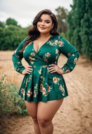 Un modelo curvy más tamaño enana con un muslo gigante y trasero redondo de gran tamaño, con una sonrisa inteligente, poses en frente de un verde grabado floral de manga larga plegada mini vestido