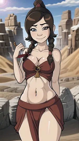 Tylee's best AI picture features Andava, a stunning brown-haired girl with a midriff exposed and navel showing, wearing a blue sky background with desert background. Her braid looks perfect as it falls down her back and sha