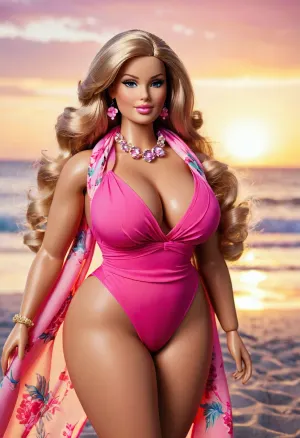 芭比娃娃高高傲地站着 露出她的芝芬围巾在风中掀起 她的曲线因外加尺寸模型皮肤而突出. 她高高地站在清晨的风光中 在温暖中摇晃