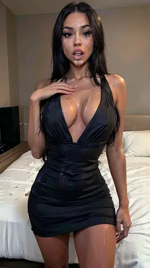 La giovane donna in un vestito corto nero stava posando per un servizio fotografico, il suo volto coperto di sperma. Il fotografo ha voluto catturare ogni dettaglio della sua posa sottomessa, quindi ha usato il dito per toccare le labbra e poi l'ha asciugata su di lei