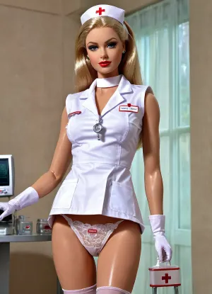 一张长满身体的长生小巴比娃娃的照片,穿着塑料娃娃服装,并掀起她的裙子来炫耀她裸体的阴部. 娃娃把臀部往前推 露出她裸体的阴部 没有内裤