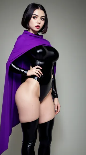 Raven, o corpo atlético com seios perky, quadris largos e batom preto de comprimento médio em seus lábios estava pronto para sua sessão de fotos. Ela usava um terno apertado que abraçava suas curvas e mostrou seus braços musculares. Sua capa fluiu para trás