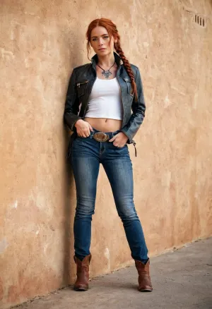 काउबॉय शॉट एक उत्कृष्ट कृति थी, जिसमें उच्च गुणवत्ता और कम ब्रैड वाले लंबे बाल थे। खुले जैकेट ने अपनी झाईदार त्वचा पर टैटू का खुलासा किया, और चमड़े की जैकेट ने पूरी तरह से अपने वक्र को गले लगाया। उसके लाल बाल एक उच्च पोनी में थे