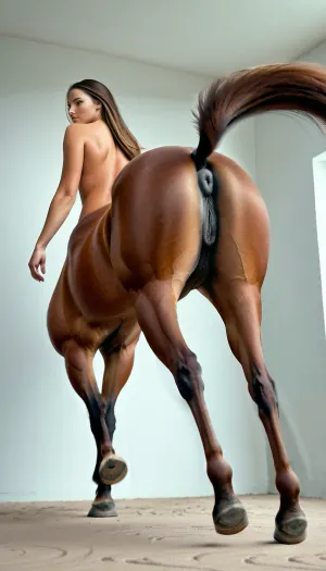 Hinter der Kamera stand eine Frau in einem braunen Centaur Kostüm und hielt eine kleine Kamera in ihrer Hand. Sie nahm ein Bild von sich selbst und dem Pferd, das mit seinen vorderen Hufen auf seinen Hinterbeinen stand. Das Pferd hatte kurz braun