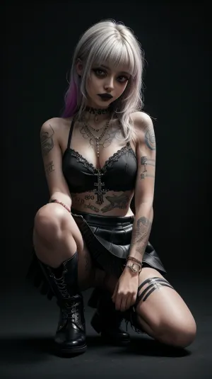 A级 拥有超现实主义化妆品和纹身的哥特女孩在教堂背景前摆出诱人的姿势,穿着性感的哥特式服装. 她有一个微裙 几乎覆盖她的阴部, 高靴,和一条链项链。 
