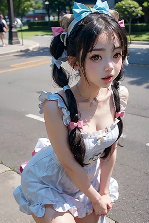 Ein atemberaubendes AI-generiertes Bild zeigt ein Anime-Mädchen in einer weißen Rüschen Minikleid durch einen Park, umgeben von üppigen grünen Bäumen und bunten Blumen