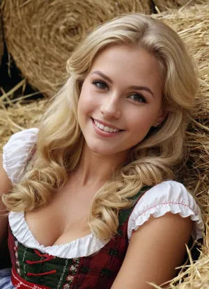 Heidi, une blonde de 23 ans aux gros cheveux blonds coulants, est allongée dans une pile de foin dans le style d'un film porno Tiroler des années 80