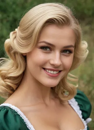 Heidi sourit alors qu'elle clique sur le bouton pour générer une coiffure vintage coulante avec le dos peigné côte à côte peigné-haut blonde des années 1950 grande coiffure vintage coulante. Elle ne pouvait pas attendre pour montrer sa nouvelle création