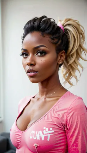 The Nigerian model with long messy tousled after sex hair frames her face, wearing a pink bikini bottoms, standing with a surprised look on her face
