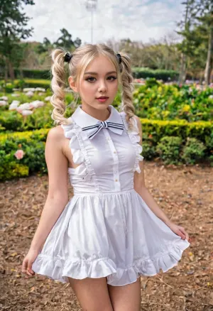 穿着白毛裙的金发美容小姐 正在穿过景点公园 欣赏着彩色而复杂的展示 她停下来和一群孩子合影 他们很高兴能拍到他们的照片