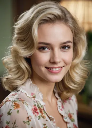 La jeune dame avec un doux-wave brossé-haute épaule-longueur blonde clair style vintage porte un joli chemisier floral en soie