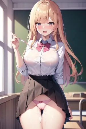 AI产生了一个年轻成年女孩的高分辨率形象,她有多种颜色的头发,金色和粉色的颜色头发,可爱的高腿,可爱的高乳房,以及无斑的衬衫. 照片质量为32K