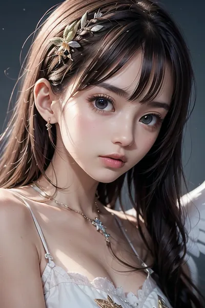 A 21-year-old girl with a modern twist, wearing a white long and flowing white dress, has large, intricately carved wings that are slightly crouched down on the gray background. Her expression is serene yet slightly rebellious,