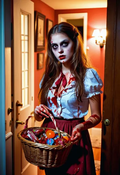 A beautiful girl with perfect makeup and perfect image was walking down the street, admiring the trick or treaters as they passed by. She had a basket full of candy and was wearing a very pretty zombie makeup. As she walked, she noticed that