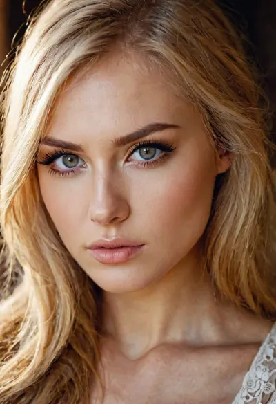 A top model with Slavic features and golden blonde hair, a slim body, and beautiful eyelashes