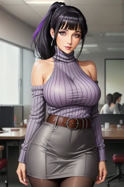 Hinata Hyuga, 面对杰作的办公室前部, 有着生动的色彩和尖锐的焦点, 站在她的超详细牛仔镜头中。 她的圆屁股完全露出来了 她手放在臀部 她的黑头发是