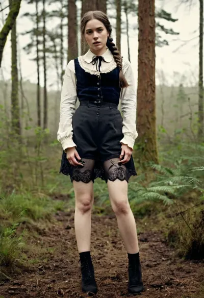 一部古老的维多利亚式照片,其主角是一位裸体女性,长辫子,阴毛茂密的灌木丛,身着红色和黑色的维多利亚式裙子,戴着白色的蕾丝领. 女人站在雾林前 她的乳房完全可见