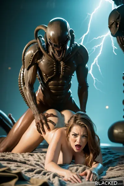 In a world where AI has advanced to the point of creating photorealistic art, a woman lies on her stomach with a xenomorph crawling over her. The xenomorph is sharp focus and simple fat woman in dress is lying on her stomach, with