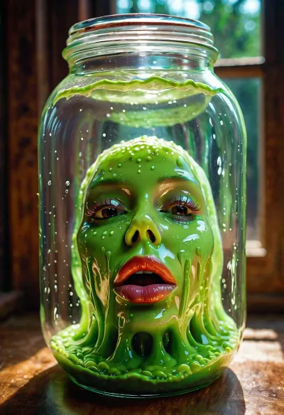 The slime creature in the jar was shaped like a human face with huge bimbo lips. It had been created by an advanced AI system that could generate realistic images and text. Its mouth opened and closed, revealing sharp teeth that glinted