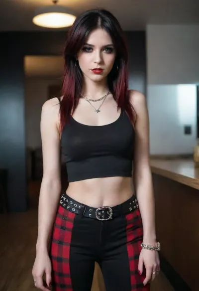 The 90s Aesthetics photorealistic art piece features a woman with long hair, alluring makeup, and a checkerboard flared pants outfit. She holds a professional lighting camera in her hand while wearing low waist wide bell pants and midrif