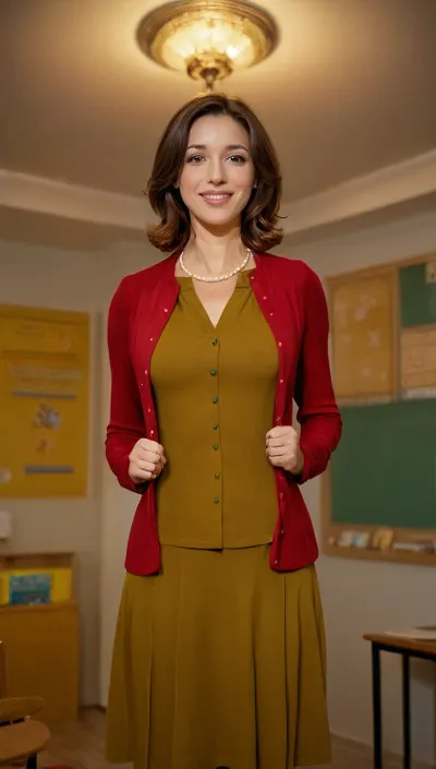 A kindergarten teacher dressed as a kindergarten teacher, with her hair tied up in a bun and her face painted with a smile, handed out chocolates to the children and handed out small bags of toys. She realized that teaching kinderg