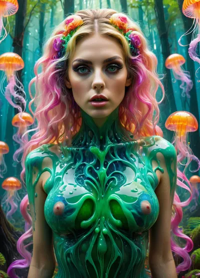 Изображение с высоким разрешением стройной женщины с закрытыми глазами, глядя на камеру с выражением чистой радости, одетой в рыбную сетку сверху, которая раскрывает ее тонкое тело и ультра-детализованный макияж, раскрывая ее тонкое тело и прямые волосы, которые