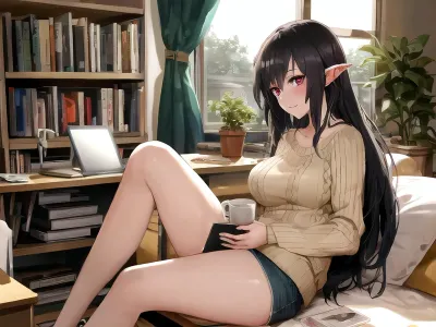 A succubus in her mid-20s, resembling a typical college student with short, flowing black hair and playful, sparkling red eyes. She is dressed in casual college attire, including a coffee mug, a laptop, and a potted