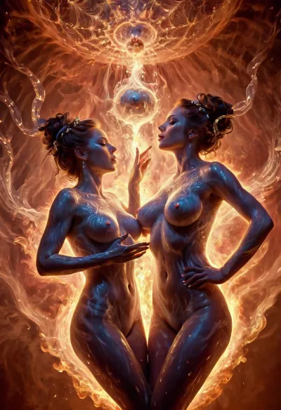 The AI generated a detailed and well-executed picture of two girls kissing, burning, surrounded by smoke, smoky, bathed in fire. The two figures are wearing digital makeup and are posed in a sleek room with high-quality lighting