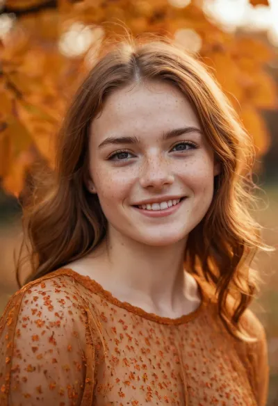 Sonbahar, freckles ve yakın bokeh sinematik geçmişi olan genç bir kadın, kameraya baktığı gibi gülümser