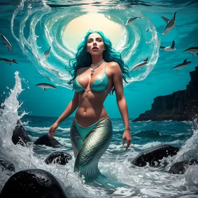 A mesmerizing fusion of myth and reality, with a stunning picture of a siren emerging from the depths of the ocean. Her ethereal form is bathed in a soft, ethereal glow, while her long, flowing gown made