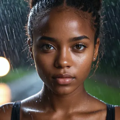 La joven estaba bajo la lluvia, su piel de ébano oscuro y ojos luminosos que reflejan la imagen en su mano. Estaba perdida en el pensamiento o posiblemente incluso caliente