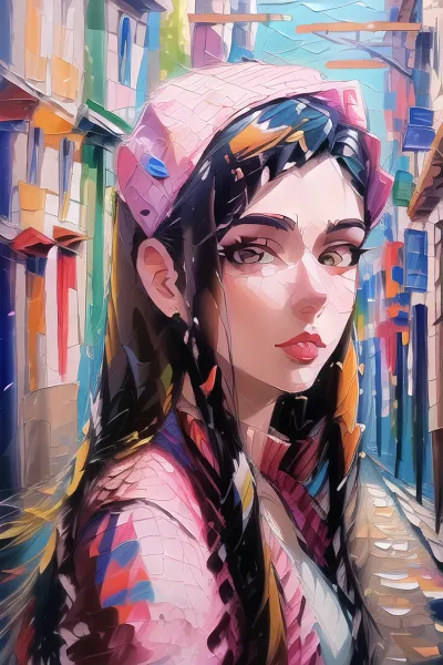 Cute Colorful Thick Impasto, portrait painting of a beautiful young adult French woman, <lora:impasto:1.5>