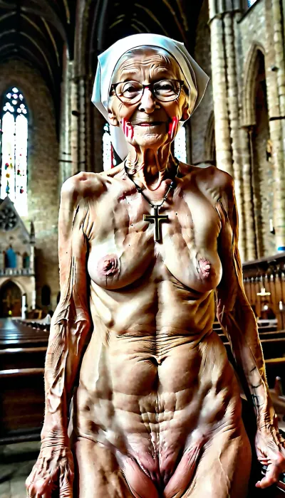 The old nun, a 90-year-old nun with wrinkly saggy skin, loose flat tits, and a wide open pussy, had been in the church for years. She would often say prayers to Jesus on her wall while touching herself